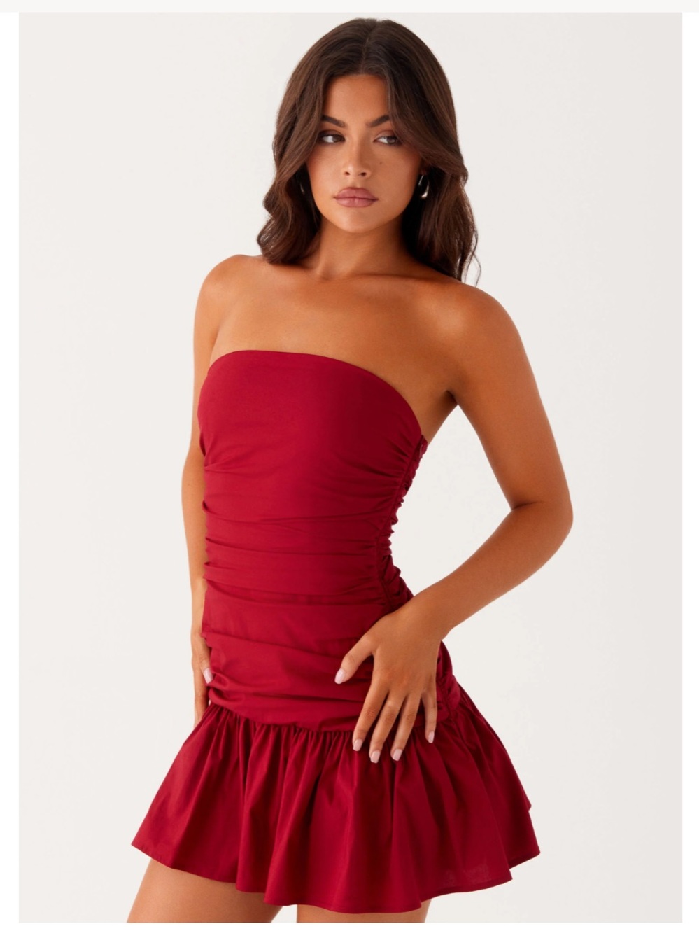 Peppermayo Carmel Mini Dress Merlot Red Strapless Ruched Drop Waist NWT US 12 - Picture 6 of 14